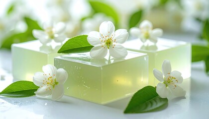 White flowers atop green soaps