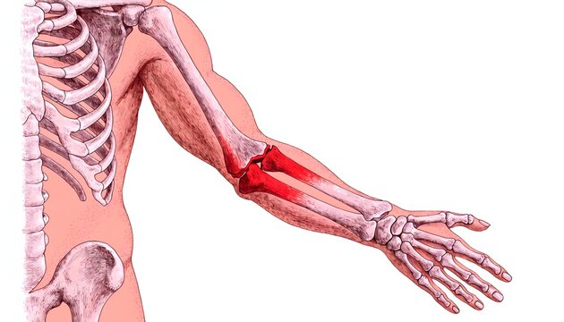 A realistic medical illustration of a human arm highlighting a fractured humerus. The skeletal structure features a red-marked break, translucent muscles, and skin against a white background.