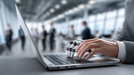 A human and a robotic hand work together on a laptop in a modern office, highlighting the future of work