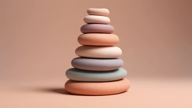 Artisan-crafted ceramic stacking rings in gentle pastel hues, forming an elegant educational toy sculpture