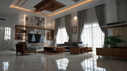 Spacious and modern living room with contemporary furniture, large windows, and elegant interior design.