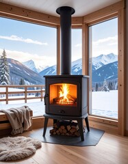 Fireplace, cozy scene with snowy view