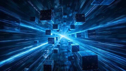 Floating digital cubes with motion trails in a futuristic tunnel with deep perspective and glowing light - Powered by Adobe