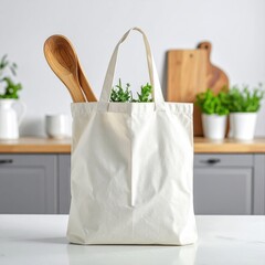 Beige bag with utensils on white counter