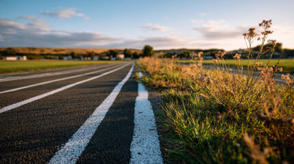 Running track with white painted lines and wild grass at sunset, peaceful outdoor sports scene