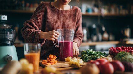 A woman prepares a vibrant berry smoothie with fresh vegetables and fruits on a counter, promoting healthy living.