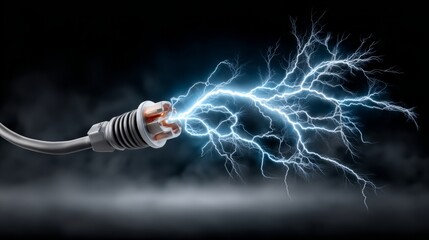 Electricity erupts from a power plug, lighting up the darkness with vibrant arcs of lightning