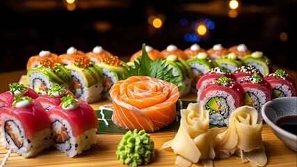 Assortment of Colorful Sushi Rolls and Japanese Cuisine on Wooden Board in Restaurant Setting