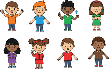 Cute children characters set, diverse kids with different emotions and expressions, happy sad angry surprised faces, flat vector illustration
