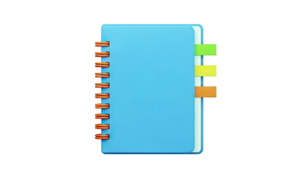 Blue spiral notebook with colorful sticky tabs