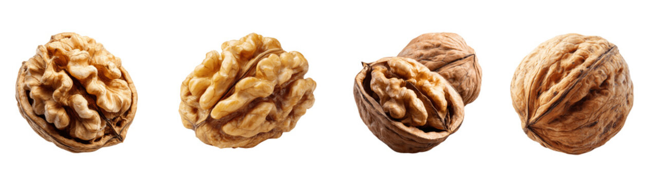 Set of whole and cracked walnuts with peeled kernels, organic healthy snack food PNG, transparent background