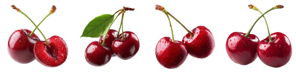 Set of fresh ripe red cherries with water drops and green leaves, PNG, transparent background
