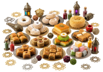 ramadan eid festive sweets platter with baklava cookies and lanterns