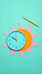 Clock, sun, and pencil on green background