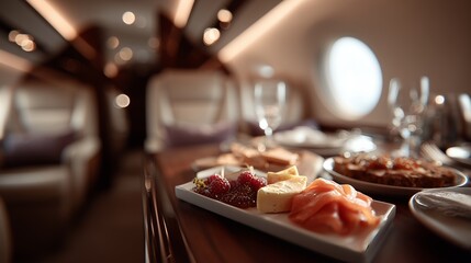 Exquisite gourmet meal served on a luxurious private jet, highlighting smoked salmon, cheese, and fresh berries for in-flight dining.