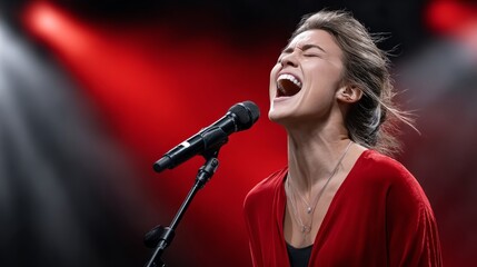 The vocalist's powerful aria under dramatic lighting captivates all with its emotional expression