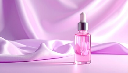 Pink oil bottle on draped lilac fabric