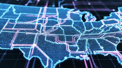 Futuristic digital map of the united states with glowing lines and data points on a dark background for technology - Powered by Adobe