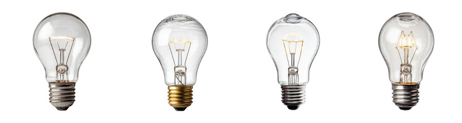 Set of Four Classic Incandescent Light Bulbs with Glowing Filaments for Creative Ideas and Innovation, PNG, transparent background