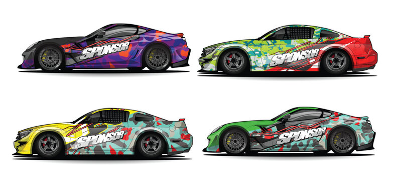 Modern Race Car Livery Vinyl Wrap Designs. Set of Four Professional Sports Car Graphics with Abstract Geometric and Camouflage Patterns. Automotive Sticker Decal Templates for Branding