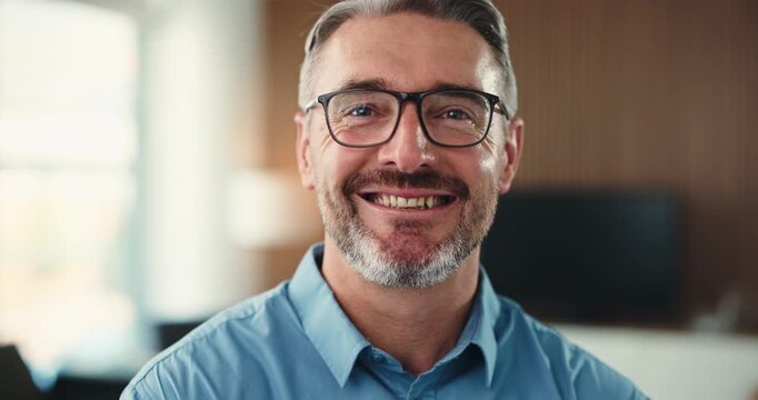 Reporter, face or man in office with smile, experience or pride in media profession. Happy, portrait or mature journalist in agency with confidence, about us or career growth in publishing industry.