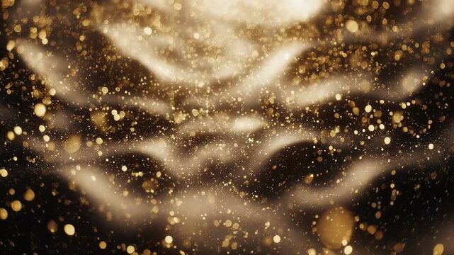 Golden particles float and shimmer against a blurred, ethereal background