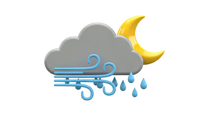 Night weather icon: moon, cloud, wind, and rain