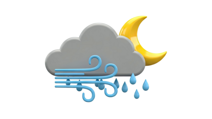 Night weather icon: moon, cloud, wind, and rain