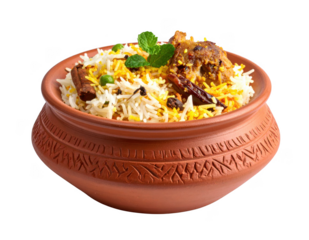 A traditional clay pot filled with mutton biryani, isolated on white background