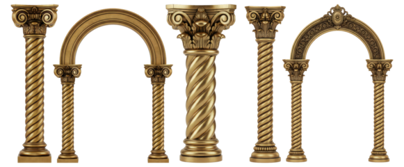 Classical Gold Column and Archway Design with Corinthian Capital Details and Ornate Structural Elements for Elegant Historical Context.