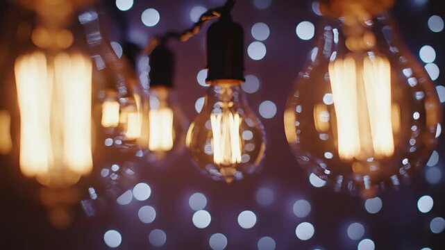 Closeup of illuminated edison light bulbs with bokeh background