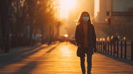 Woman wearing a medical mask walking alone on a city street at sunset, showing urban life, safety, and pandemic lifestyle concept