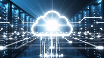 Glowing cloud with network connections in datacenter server room. Technology concept represents computing infrastructure, digital data storage, connectivity and modern enterprise information systems - Powered by Adobe