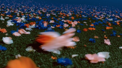 Colorful flower petals scattered across a vibrant green grass field under a clear blue sky, creating a lively scene.