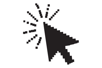 Black pixelated mouse cursor with explosion effect isolated on white background