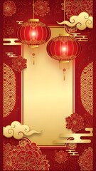 A high-end vertical frame with a golden center, ornate borders, red lanterns, and floral motifs, suitable for premium invitations.