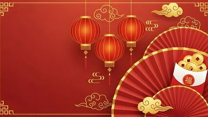 Luxury red background featuring traditional folding fans, golden clouds, and paper lanterns, perfect for Chinese New Year branding.