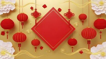 A central red diamond shape for calligraphy surrounded by lanterns, gold clouds, and white peony flowers on a gold background.