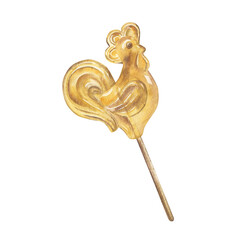 Watercolor illustration of vintage rooster shaped lollipop on a stick. Traditional sweet candy, retro dessert, hand painted food art isolated on white background. Nostalgic childhood treat, festive. © Taneshka