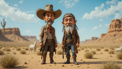 A caricature cowboy and a homeless bandit stand in the desert next to a caricature horse. 