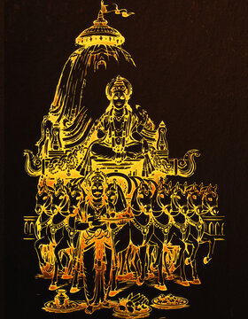 Golden Artistic Render of Lord Surya on his Chariot with a Devotee