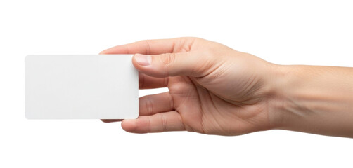 Obraz premium Hand holding a blank white business card cutout isolated on transparent bg, png