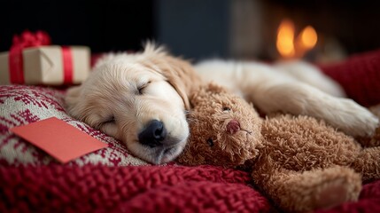 Adorable golden retriever puppy peacefully sleeps with a teddy bear, surrounded by holiday decor and a warm fireplace glow.