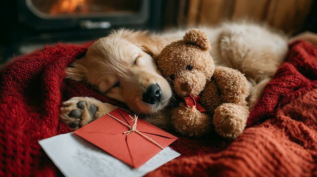 Adorable golden retriever puppy snoozes with a teddy bear, nestled in cozy blankets next to handwritten letters.