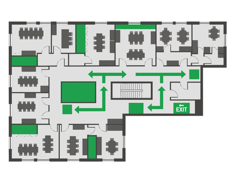 Office evacuation map layout. Clear green arrows indicate escape routes. Professional building plan, suitable for safety signage and informational graphics.