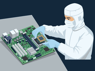 A technician installs CPU hardware, meticulously working on a motherboard. Clean, professional, and detailed. Ideal for tech, hardware, and electronics imagery.