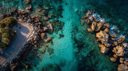 Aerial view of a rocky coastline with clear turquoise water and waves crashing on the shore.