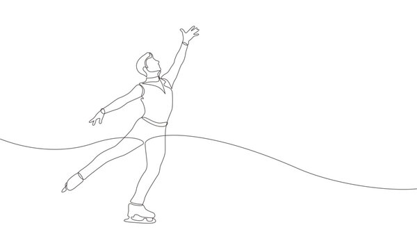 A male figure skater performs tricks on the ice, depicted with a single continuous line. Minimalist vector illustration one line. Winter sports concept.