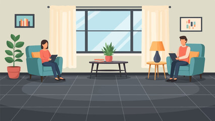 Fototapeta premium A flat illustration of two people relaxing in a modern living room, working or reading on digital tablets
