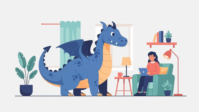 A friendly blue dragon stands beside a woman working on a laptop in a cozy, plant-filled living room